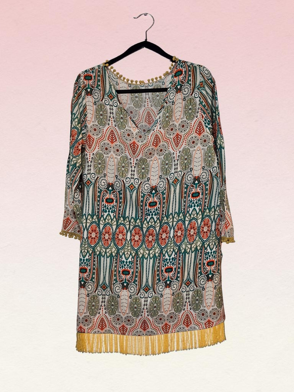 Amy Byer Printed Fringe Mini Dress in Teal, Coral & Olive